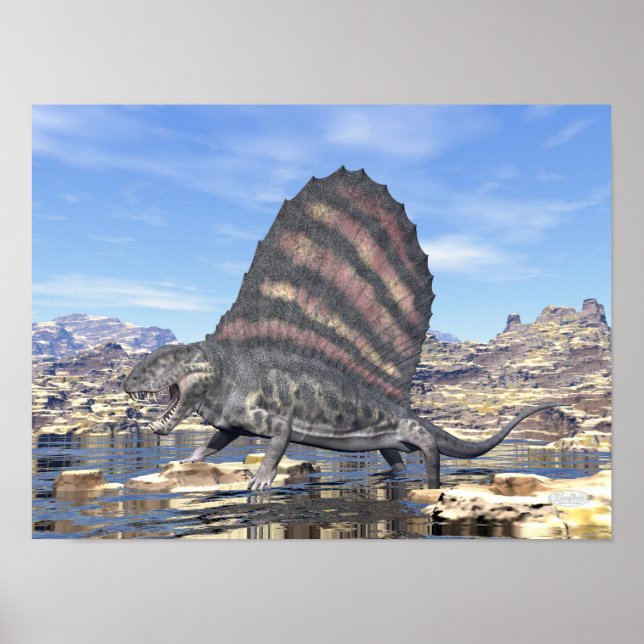 Póster Dimetrodon em uma lagoa no deserto (Frente)