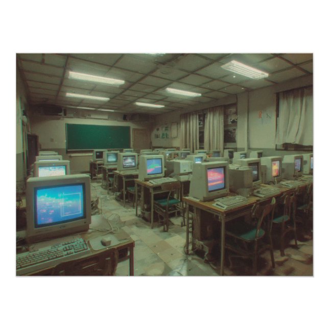 Póster Dimly Lit Retro Computer Lab with CRT Screens (Frente)