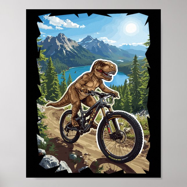 Poster Dinosaur Mountain Biking Through Forest Trail  (Frente)