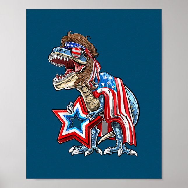 Poster Dinosaur T Rex Mullet 4 De Julho Americano (Frente)