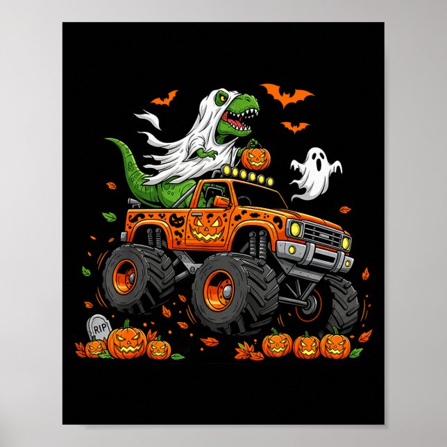 Poster Dinosaur T-rex Riding Monster Truck Halloween Men  (Frente)