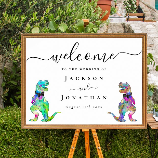 Poster Dinosaur Theme Gay Wedding Welcome (Dinosaur gay wedding welcome poster elegant script colorful T-Rex dino grooms vibrant rainbow colors)
