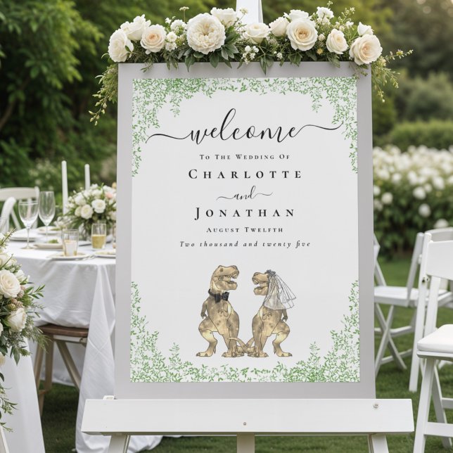 Poster Dinosaur Theme Wedding Welcome (Elegant dinosaur bride and groom watercolor foliage wedding welcome sign poster)