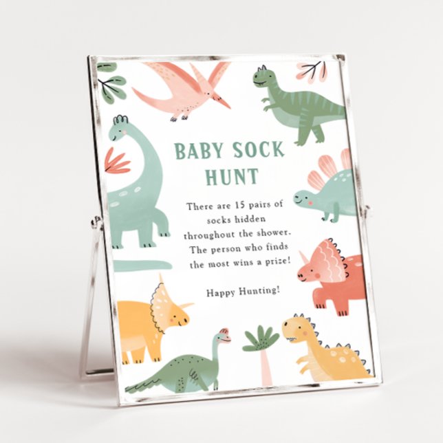 Poster Dinossaur Sock Hunt (Dinosaur Baby Sock Hunt Game Sign Poster by Painted Paperie)