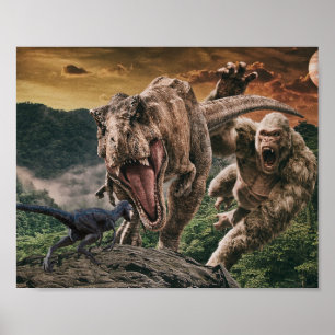 Poster Dinossaur Tyrannosaurus Gorilla Velociraptor