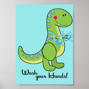 Poster Dinossauro 5x7 Lave Suas Mãos Arte de Muro