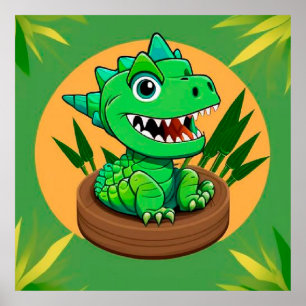 Poster Dinossauro de Desenho Animado em uma Cena Tropical