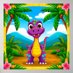 Poster Dinossauro de Desenho Animado em uma Cena Tropical