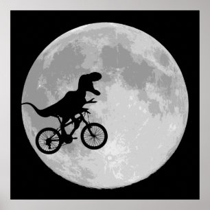 Poster Dinossauro em bicicleta no céu com lua