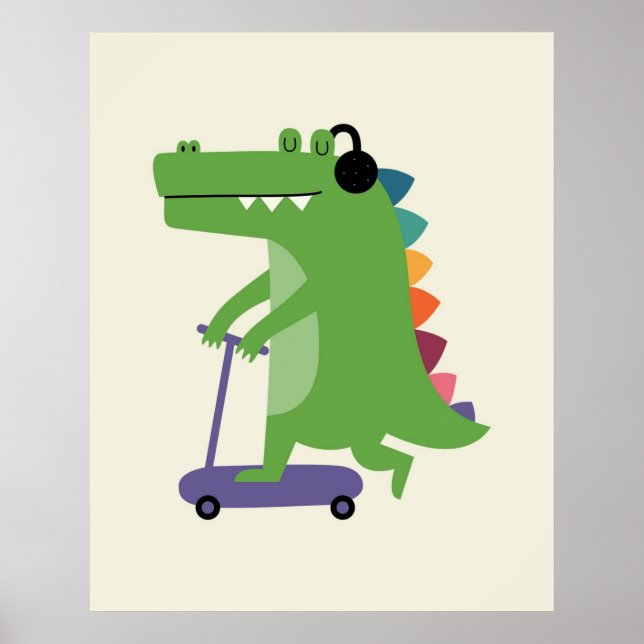 Poster Dinossauro em um Scooter com Fones de Ouvido Bebê  (Frente)