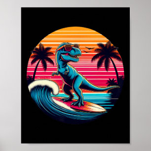 Poster Dinossauro Engraçado Surfando Pôr do Sol Retro Hom
