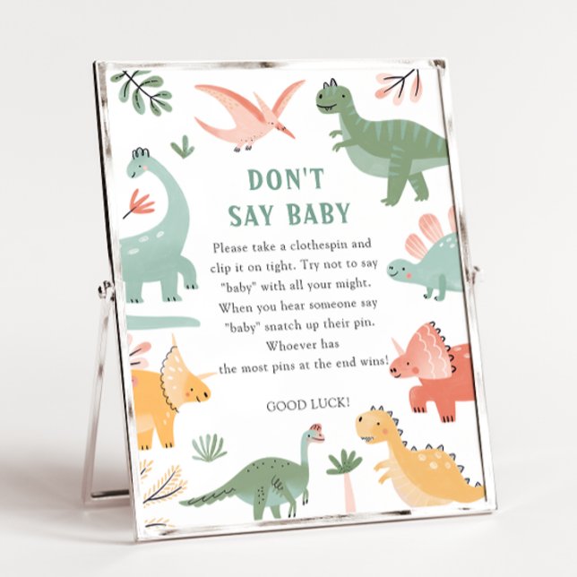 Poster Dinossauro Não Diga Sinal de Bebê (Dinosaur Don't Say Baby Shower Game Sign by Painted Paperie)