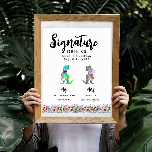 Poster Dinossauro Noiva e Bebidas de Assinatura de Casame (Dinosaur bride and groom wedding signature drinks poster with colorful T-Rex and boho wildflowers)
