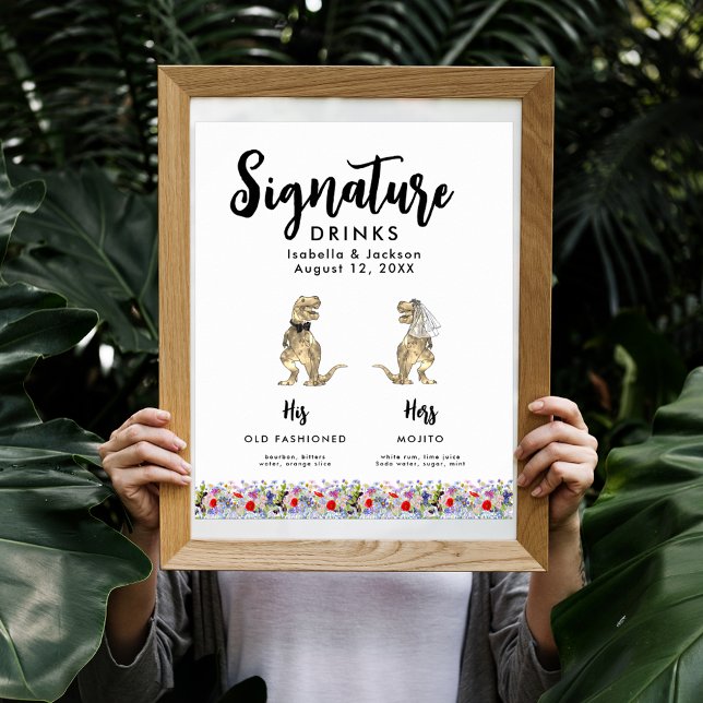 Poster Dinossauro Noiva e Bebidas de Assinatura de Casame (Fun Dinosaur bride and groom signature drinks wedding bar menu poster)