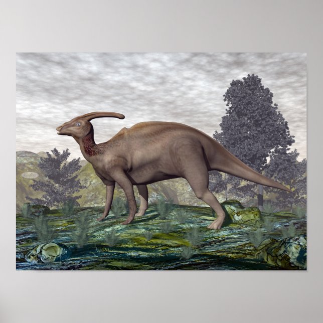 Póster Dinossauro parasaurolofus entre árvores de gingko (Frente)