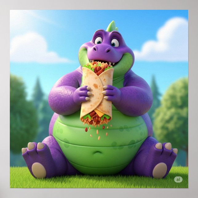 Poster Dinossauro Púrpura a gostar de um Burrito (Frente)