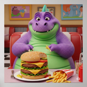 Poster Dinossauro Roxo Desfrutando de um Burger