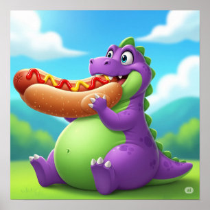 Poster Dinossauro Roxo Desfrutando de um Cão Quente