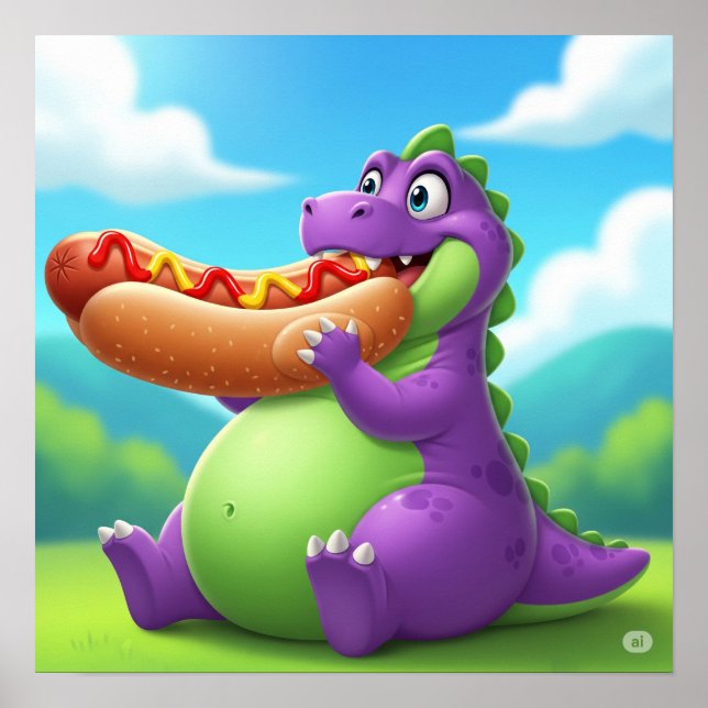 Poster Dinossauro Roxo Desfrutando de um Cão Quente (Frente)