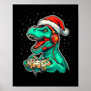 Poster Dinossauro T Rex Jogando Vídeo Jogo Cristo Santa H