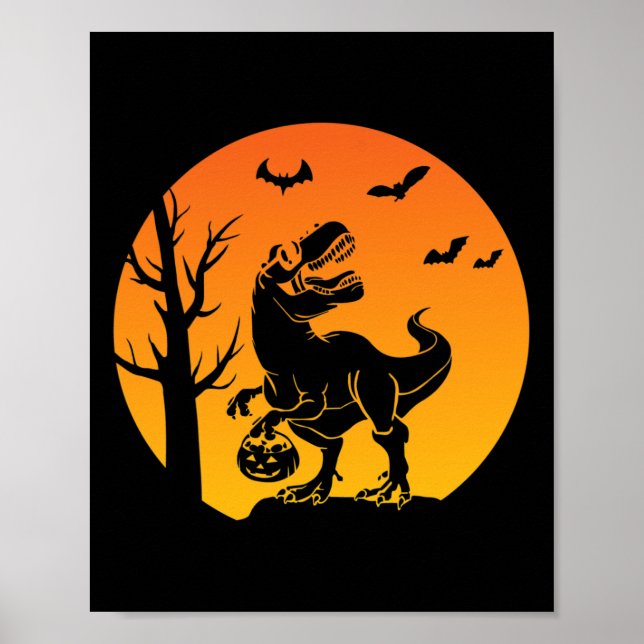 Poster Dinossauro T Rex Skeleton Pumpkin Com Lua Buldogue (Frente)