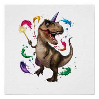 Póster dinossauro Tyrannosaurus Rex com um monocórnio