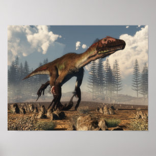 Poster Dinossauro Utahraptor no deserto - renderização 3D