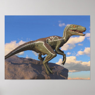 Poster Dinossauro Velociraptor Rapariga Azul