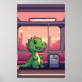 Poster Dinossauro Verde Adorável Andando pelo Comboio ao