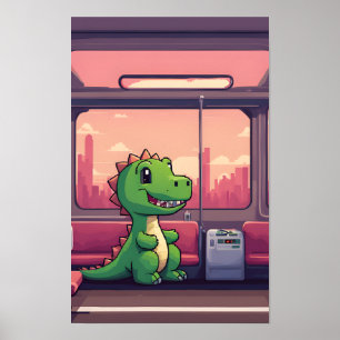 Poster Dinossauro Verde Adorável Andando pelo Comboio ao 