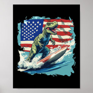 Poster Dinossauro Vermelho Branco Azul Surfando Para Juri