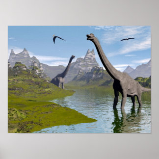 Poster Dinossauros braquiossauros na água - renderização