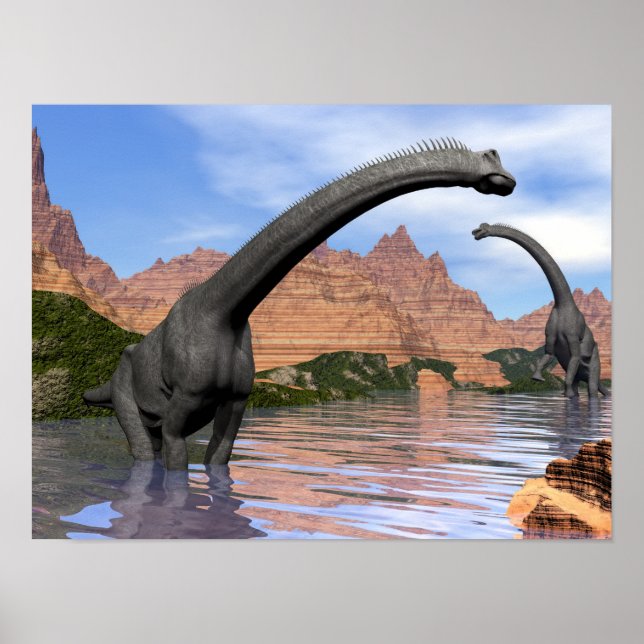Poster Dinossauros braquiossauros na água - renderização  (Frente)