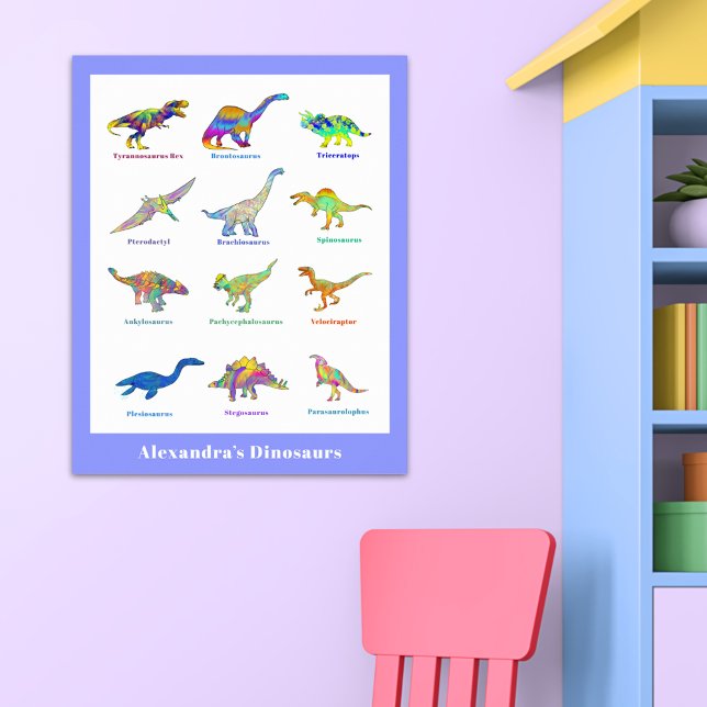 Poster Dinossauros com nomes Colorido Educativo (Colorful dinosaurs with names purple custom educational poster)