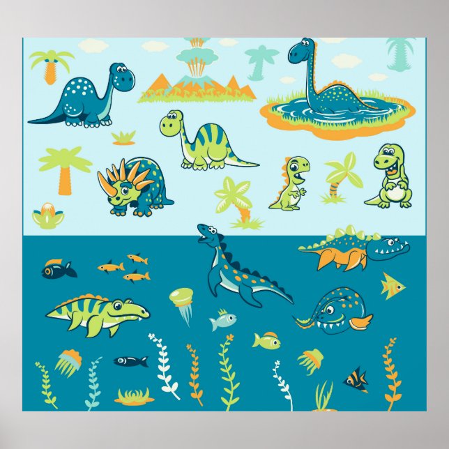 Poster Dinossauros da Cartoon: Conjunto Terrestre e Marít (Frente)