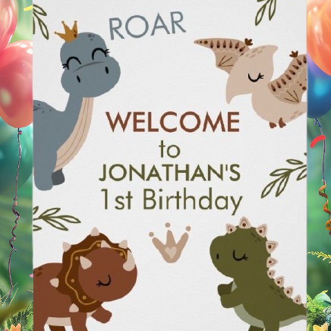 Póster Dinossauros de Boho primeiro aniversario Adoráveis (Celebrate your little one's milestone with our Adorable 1st Birthday Boho Dinosaurs Poster!)