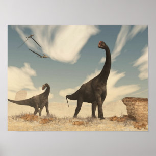 Póster Dinossauros de Brontomerus no deserto - 3D rendem