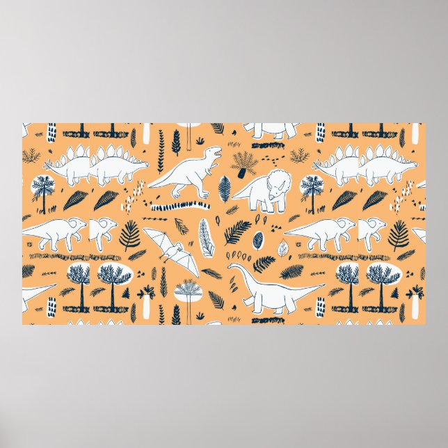 Poster dinossauros engraçados com padrão de folhas de pal (Frente)