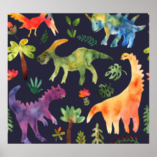 Poster Dinossauros Florais: Design de Tecido de de Aquare