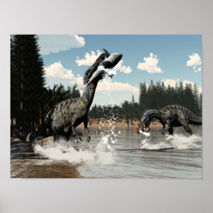Poster dinossauros suchomimus pescam peixe e tubarão