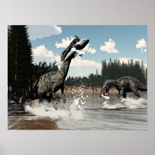 Poster dinossauros suchomimus pescam peixe e tubarão (Frente)