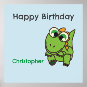 Poster Dinossauros verdes fofos personalizados azul anive