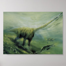 Póster Dinossauros Vintage, Brachiossauro Nadando no Ocea