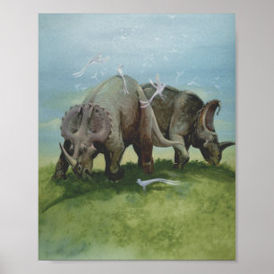 Poster Dinossauros Vintage, Centrosaurus Grazing em Prado