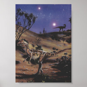 Póster Dinossauros Vintage, Dilophossauro numa Noite Estr