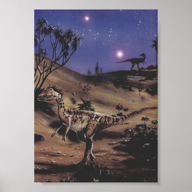 Póster Dinossauros Vintage, Dilophossauro numa Noite Estr (Frente)