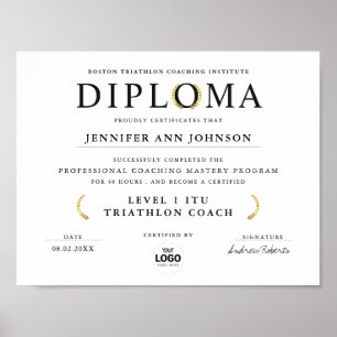 Poster Diploma de Graduação Preto e Branco Simples com Lo