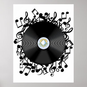 Poster Disco de Vinil Antigo e notas musicais