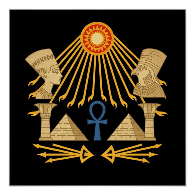 Póster Disco do Sol Aten – Ankh, Hórus & Nefertiti (Frente)