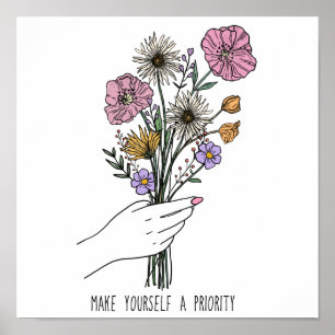 Poster Dito de Inspiração Motivacional Flores Desenhadas 